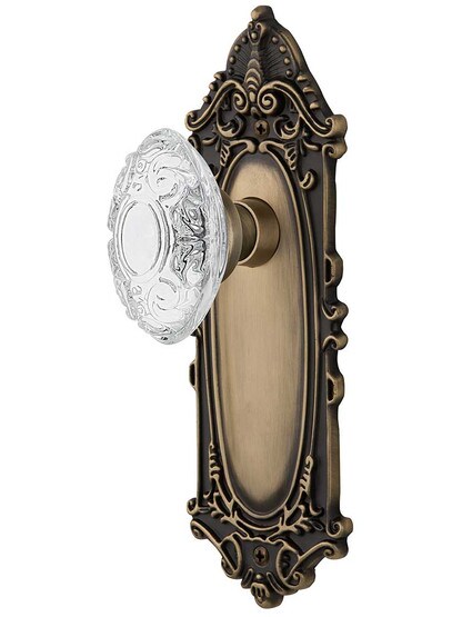Victorian Door Set with Matching Crystal-Glass Knobs Single Dummy in Antique Brass.